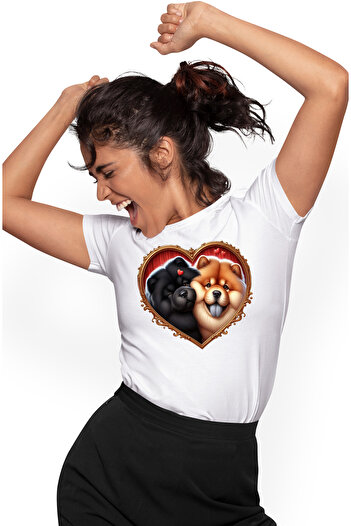 StoryGift Romania Tricou Femei Cu O Catelusa Si Un Caine Chow Chow, Ilustratie, Cadru In Forma De Wht_l