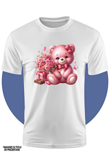 StoryGift Romania Children's T-shirt with a teddy bear who has a bouquet of roses next to him, chocolate, d