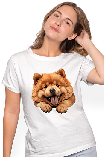 StoryGift Romania Tricou Femei cu un caine Chow Chow, ilustratie, limba scoasa, maro deschis, gras WHT_M