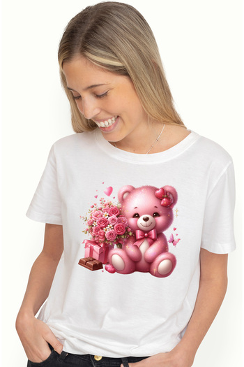 StoryGift Romania Women's T-shirt with a teddy bear holding a bouquet of roses next to it, but WHT_M