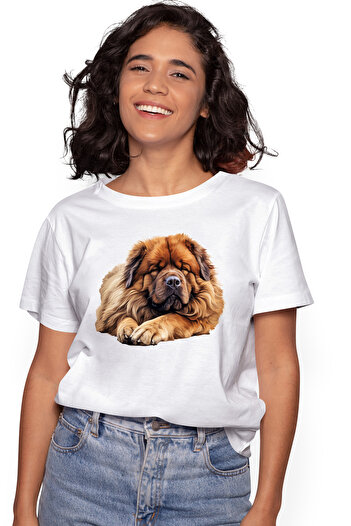 StoryGift Romania Tricou Femei cu un caine Chow Chow blanos, ilustratie, doarme dus, oboseala, noa WHT_L