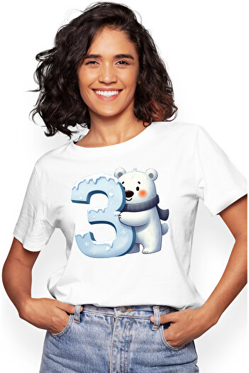 StoryGift Romania Women's T-shirt with a polar bear standing next to the number "3", illustration, school, students WHT_L