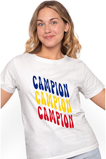 StoryGift Romania Tricou Femei Cuvantul Campion, in Culorile Steagului Romaniei, Rosu, Galben, Alb WHT_L