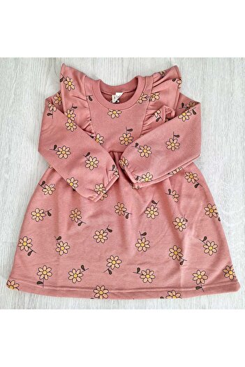 Nimini Kids Özel Gün Kalın Çiçek Baskılı Fırfır Detaylı 3 İplik Kız Çocuk Elbise