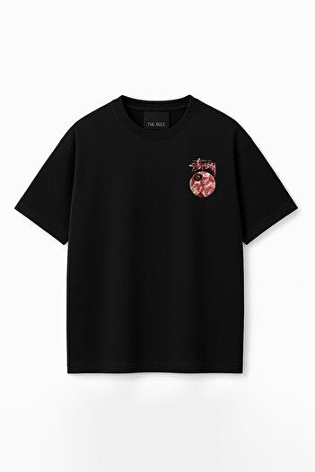 THE RULE Unisex Stüssy Kiss Printed Oversize 100% Cotton Wide Cut Textured Black Crew Neck T-Shirt Rf0512