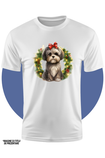 StoryGift Romania Children's T-shirt with a puppy with a red bow, illustration, wreath, Christmas, mistletoe, pine cones