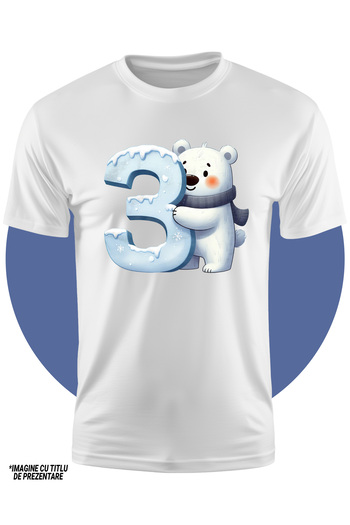 StoryGift Romania Children's T-shirt with a polar bear standing next to the number "3", illustration, school, students, mathematics