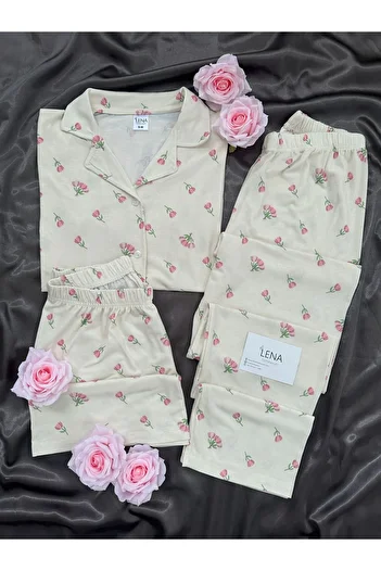 Lena Homewears Women's Rozaline Tulip Patterned 3-Piece Shorts Long Leg Short Sleeve Pajama Set