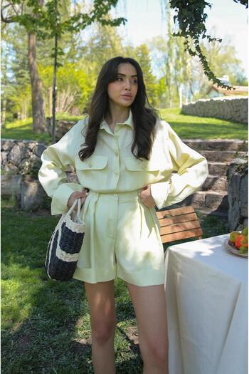 Havoş Light Yellow Raw Linen Shirt with Front Pocket
