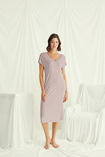 MONAMİSE Short Sleeve Nightgown with Lace Collar