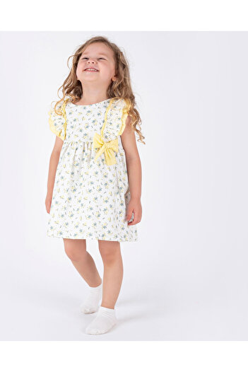 çilek bebe Kız Bebek %100 Pamuklu Çiçek Desenli Omzu Fırfırlı Elbise