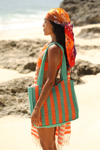 Green Petition Marla Jade, Paper Rope (Rafia), Hand Knitted, Cabana Pattern, Beach Bag.