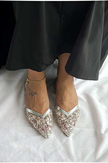Shoebutik Bridal Gümüş Tül Pul İşlemeli Alçak Topuk Kadın Babet