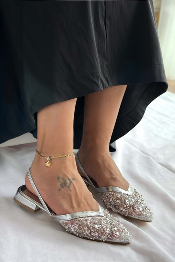 Shoebutik Bridal Gümüş Tül Pul İşlemeli Alçak Topuk Kadın Babet