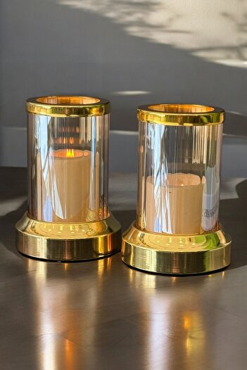 ArzzHome Dekoratif 2 Li Kristal Şamdan & Mumluk Gold