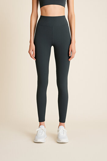 HNX Yüksek Bel Toparlayıcı Ripli Fitilli Spor Kadın Tayt | Denim