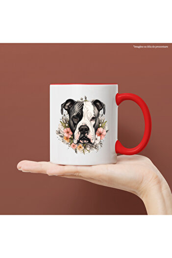 StoryGift Romania Mug with a serious, embarrassed Boxer dog, illustration, variously colored flowers, for, With, STG