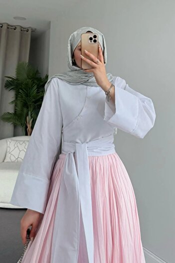MY QILAM Number 10 Fashion Women's White Wide Cuff Sleeve Detailed Tie Front Poplin Shirt