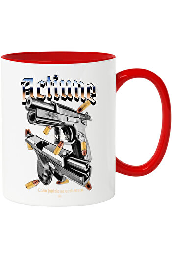 StoryGift Romania Action Mug - Pistol - Let the facts speak, 330ml, Ceramic with Red Handle, With M,STG.