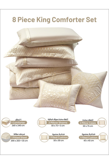 Donetella Premium King Comforter Set 8-Pcs, Jacquard Bedding with 350 GSM Poly Silk Filling