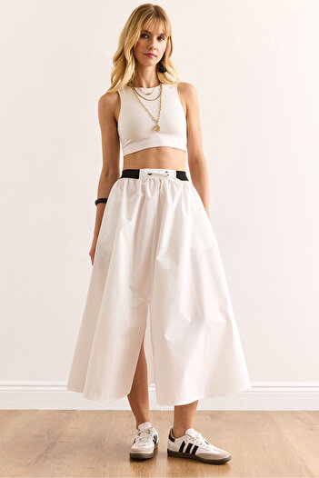 Olalook Women's White Black Banded Front Slit Lace up Midi Bell Skirt Etk-19000321