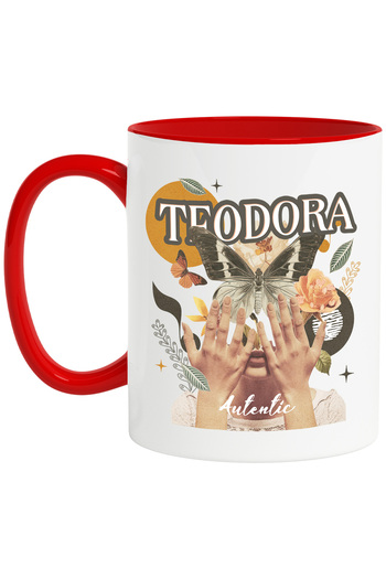 StoryGift Romania Mug With The Name Teodora, Girl Collage, Butterfly, Flowers, Circle, 330ml, Ceramic with Handle, With ,STG.