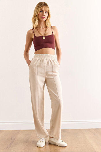 Olalook Women's Stone Waist Elastic Front Stitched Washable Buckle Linen Trousers Pnt-19000342