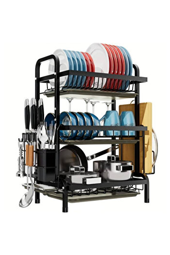 Herum 3-tier metal dish drainer, plastic trays, Black, 42 x 24 x 61 cm
