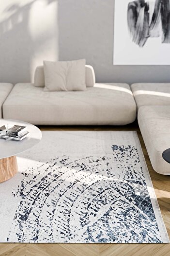 Oriente Home Modern Patterned Washable Non-Slip Base Chenille Gray Navy Blue Living Room Carpet 8328