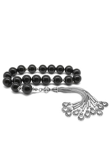 Tesbihane Onyx Efe Rosary - Non-Tarnish Metal, Tasseled Globe Cut