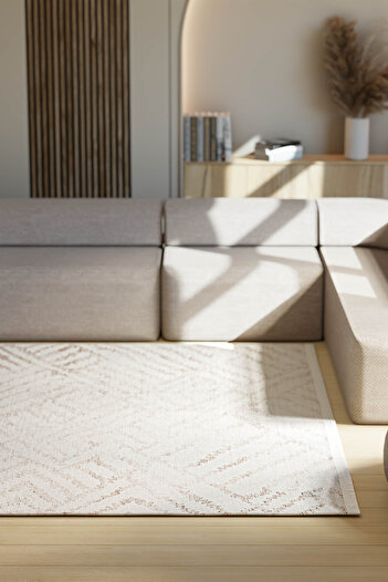 Oriente Home Abstract Geometric Patterned Washable Non-Slip Base Chenille Cream Brown Living Room Carpet 8368