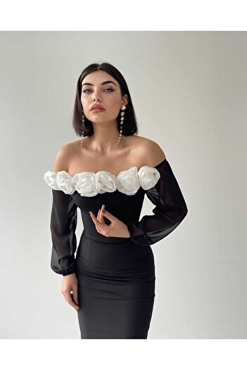 OlaLady WOMEN'S PRINCESS SLEEVE ROSE DETAIL ROMANTIC BLACK PENCIL DRESS