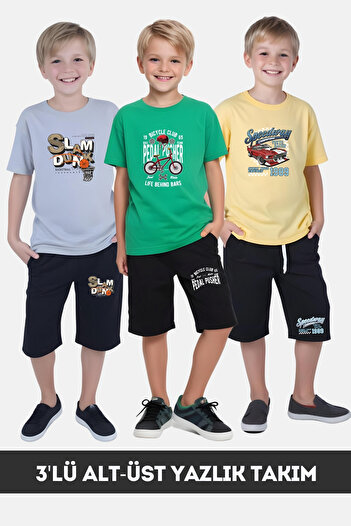 FYK KİDS Boy's Summer Slam Dunk-Gaming-Varcity Printed Bottom-Top Suit