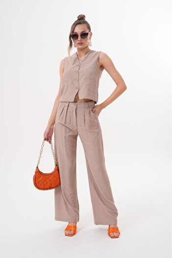 Makarina Women's Front Buttoned Vest Pants Double Set