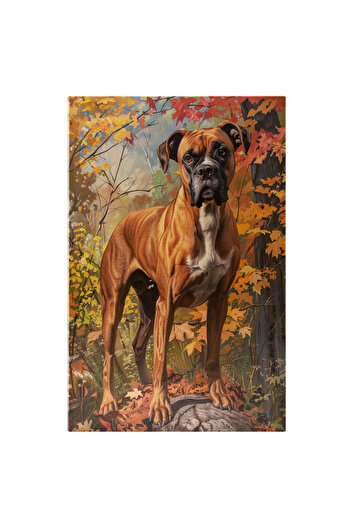 StoryGift Romania Tablou Canvas Caine Rasa Boxer Cu Ochii Caprui Maroniu Cu Alb Care Sta Pe O Piatra In Padure P