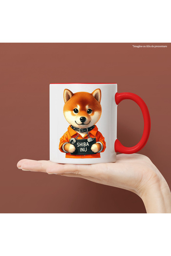 StoryGift Romania Mug with a Shiba Inu puppy in prison, illustration, collar, prisoner uniform,, With ,STG