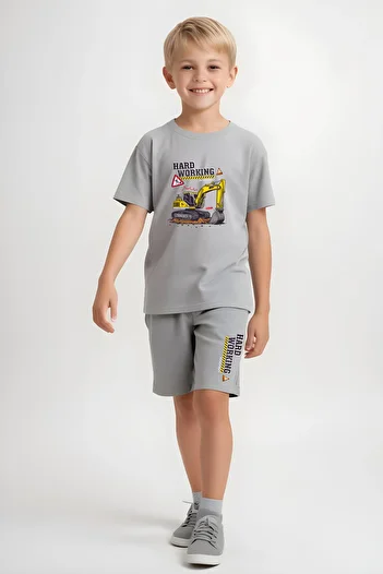 FYK KİDS Children's Tshirt-Shorts Hard Working Printed Bottom Set