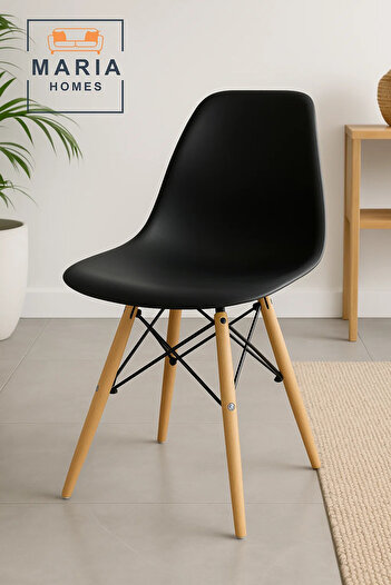 MARIA HOMES Black Modern Plastic Dining Chair with Wooden Legs – Ergonomic Minimalist Seating for Home or Office