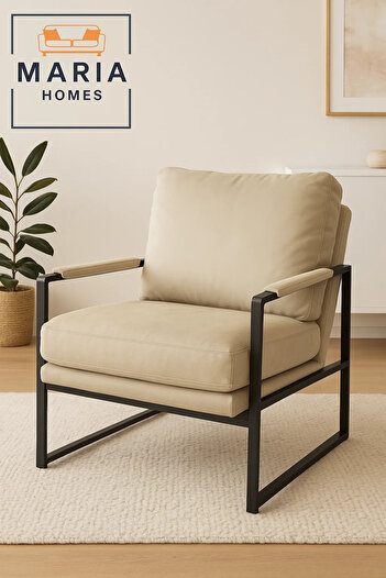 MARIA HOMES Beige Faux Leather Armchair – Modern Metal Frame Lounge Chair for Living Room or Office Decor