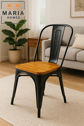 MARIA HOMES Black Industrial Metal Chair with Wooden Seat – Stylish and Sturdy Dining Accent