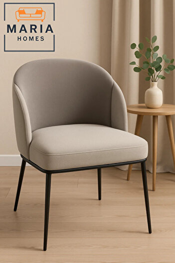 MARIA HOMES Modern Lounge Chair – Soft Grey Upholstered Armchair with Sleek Black Metal Legs