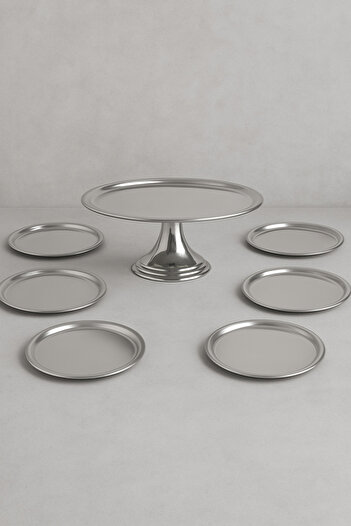 Mirilliahome 7 Piece Silver Plate Set, Pedestal Presentation Stand – Cake and Breakfast Plate - Dowry Serving Set