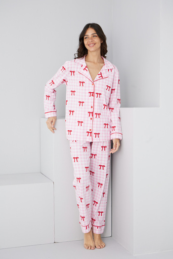 Siyah İnci Pink Checkered Bow Pattern Cotton Buttoned Ribbed Knitted Long Sleeve Pajama Suit7887