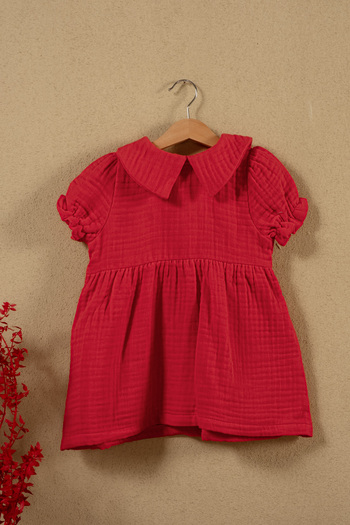 Montisu Baby Girl Red Muslin Dress – Buttoned 100% Cotton Dress,