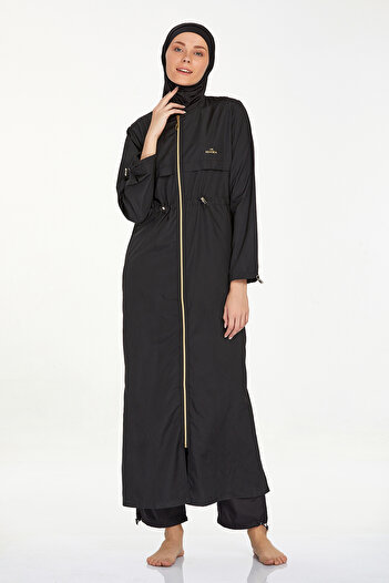 Bordomix 1267 Black Complete Zippered Adjustable Long Hijab Swimsuit (with Large Size Option)