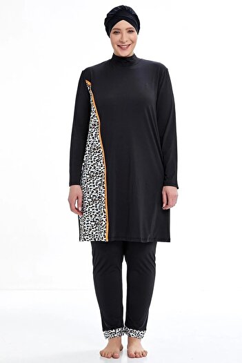 Bordomix 4376 Women's Black Leopard Patterned Large Size Hijab Swimsuit