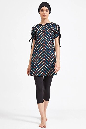 Bordomix 3410 Women's Black Patterned Sleeve Shirred Short Sleeve Swimsuit Set