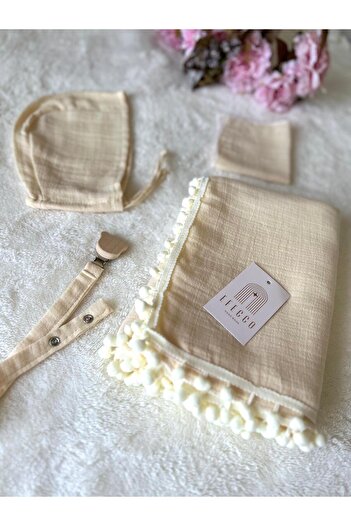 efecco Pompom Natural Color 100% Cotton 4-Piece Multi-Purpose Muslin Cloth, Cover, Blanket Set
