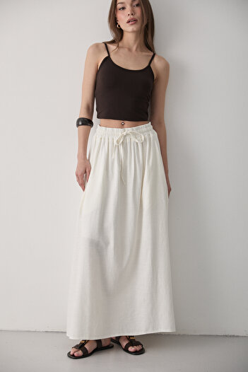 JASTE Women's Ecru Elastic Waist Double Pocket Linen Skirt