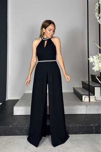 gesmoda G1416 Stone Detailed Design Jumpsuit Black